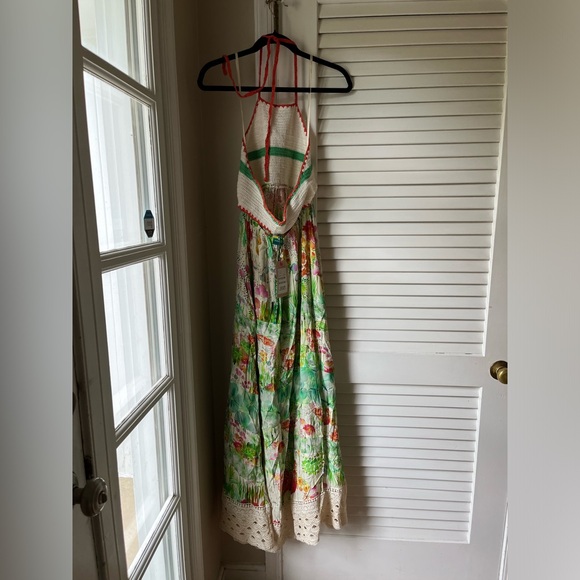 NEW: Farm Rio Halter crochet watercolor floral maxi dress size M - Picture 2 of 8